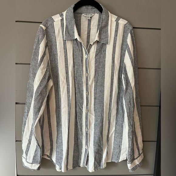 Orvis Classic Collection Long Sleeve Striped Linen Blend Button Down Shirt Sz M - Picture 1 of 11